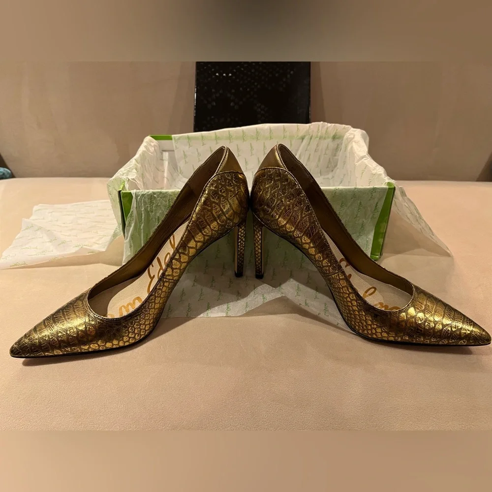 Sam Edelman Gold Metallic Pointed Toe Pumps with Embossed Texture